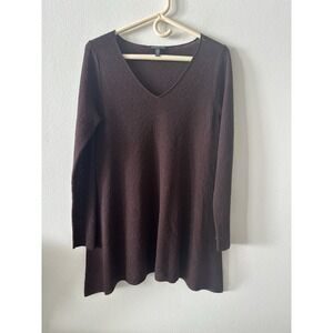 Eileen Fisher Long Tunic Sweater Women's Small Petite Wool V-Neck Dark Burgundy